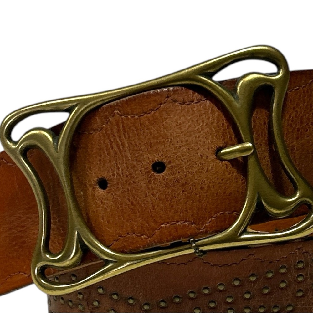 Linea Pelle Vintage Wide Brown Leather Belt Brass Design Large - Picture 10 of 14